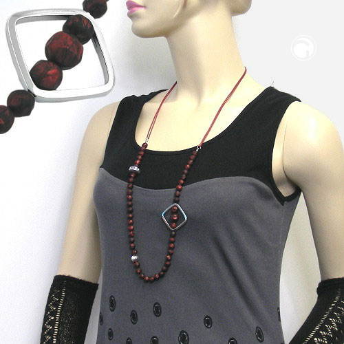 Kette 8mm Kunststoffperlen rot-schwarz silberfarbig Kordel rot 90cm