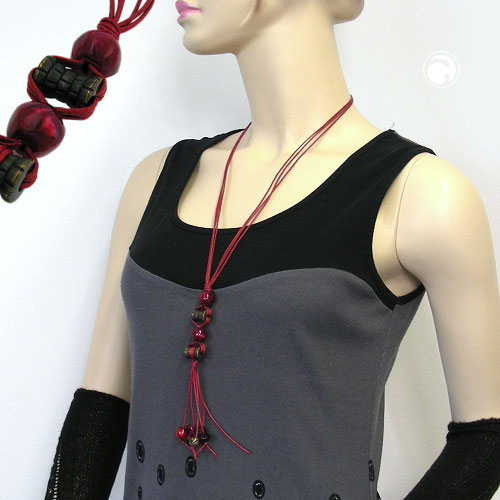 Kette 2x Walze 18x12mm altmessingfarbig Kunststoff Kordel rot 90cm