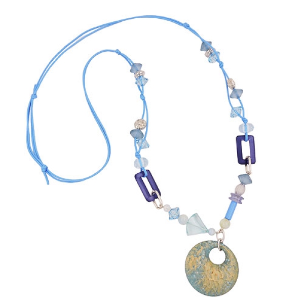 Kette 40mm Scheibe gehämmert türkis blau Kunststoff Kordel hellblau 90cm