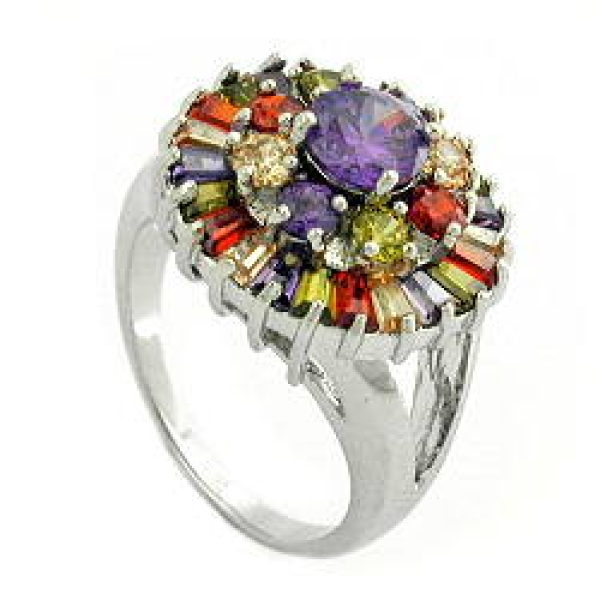 Ring 18mm lila Glasstein mit vielen bunten Glassteinen rhodiniert Ringgröße 60