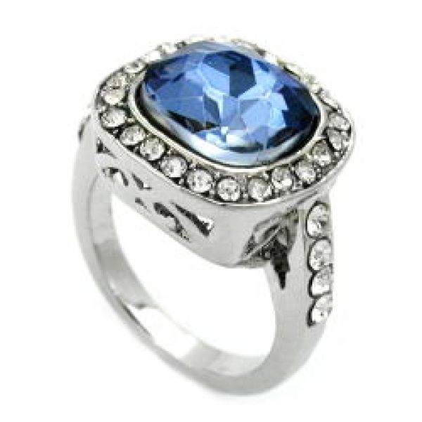 Ring 15,5mm großer blauer Glasstein mit kleinen weißen Zirkonias rhodiniert Ringgröße 54