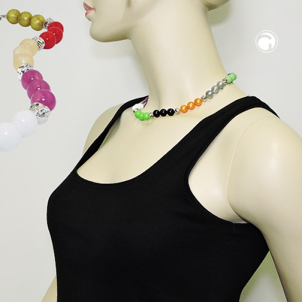Kette 10mm Perlen Kunststoff multicolor mit chromfarben 42cm