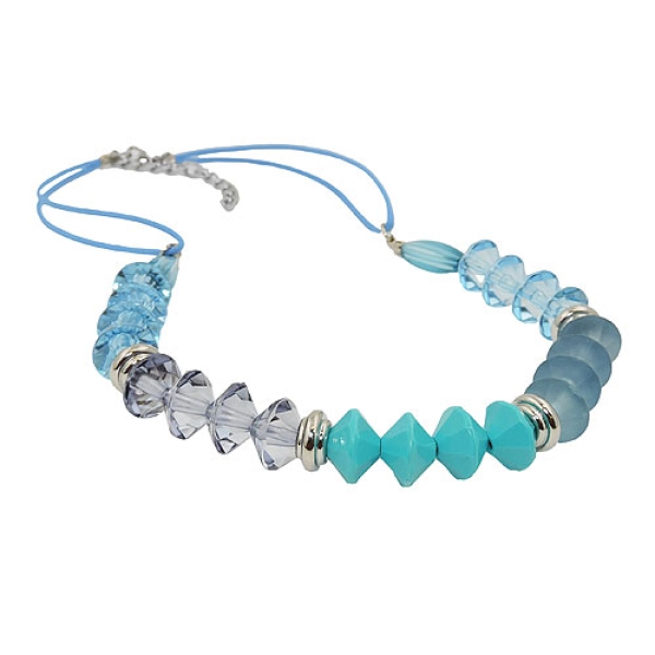 Kette 12x9mm Facettenperle Kunststoff türkisblau mit Kordel blau 45cm