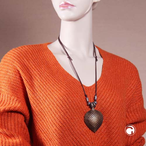 Kette 82x56mm Schuppenblatt Kunststoff altmessingfarben Kordel braun 90cm