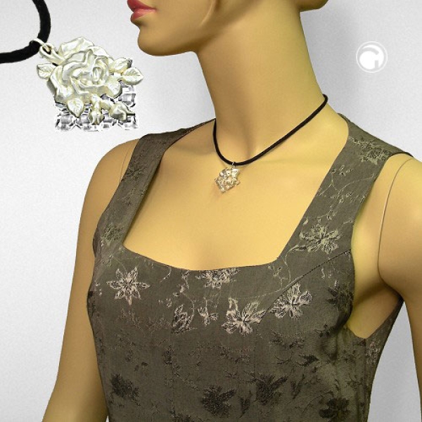 Kette 32x27mm Anhänger Kunststoff Rose silberfarbig Kordel schwarz 38cm