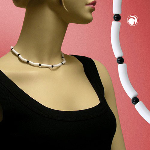 Kette 25x6mm Rohr Kunststoff weiß-matt und 6mm Perle schwarz 42cm