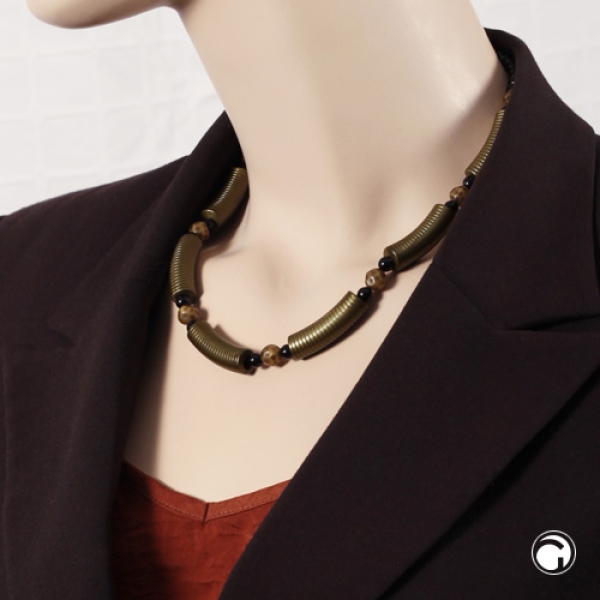 Kette 34x10mm Rillenwalze olivgrün Perle schwarz Kunststoff 45cm