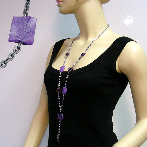Kette Kunststoffperlen lila-flieder-grau-marmoriert Alu-Ankerkette grau 95cm