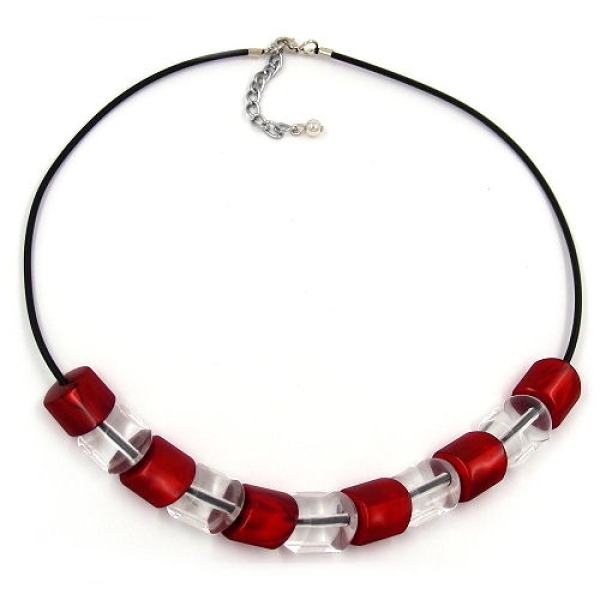 Kette Schrägperle Kunststoff rot-kristall-transparent Vollgummi schwarz 45cm
