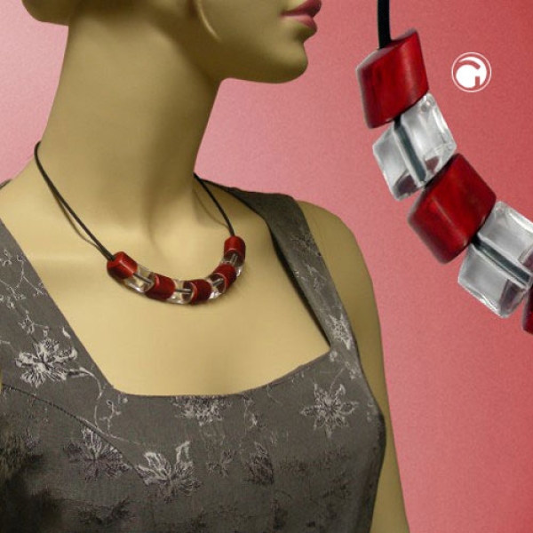 Kette Schrägperle Kunststoff rot-kristall-transparent Vollgummi schwarz 45cm