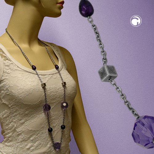 Kette Facettenperle Kunststoff lila Alu-Ankerkette grau 100cm