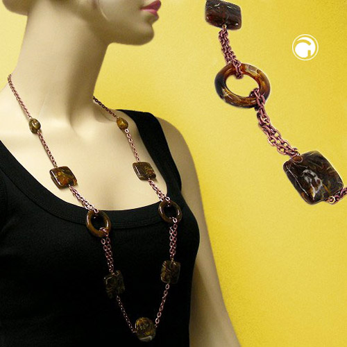 Kette Ringe Vierecke Kunststoff braunton Alu-Kette kupferfarben 90cm