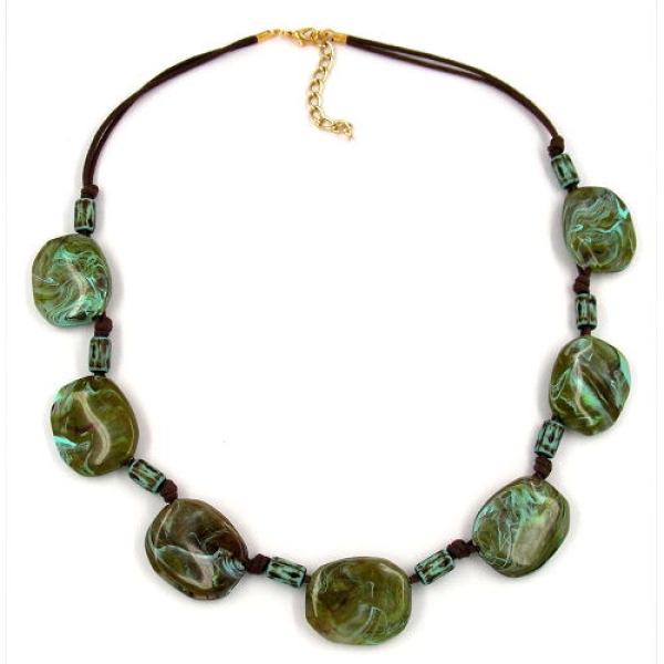Kette 28x24mm Kiesel Kunststoff türkis-marmoriert Kordel braun 50cm
