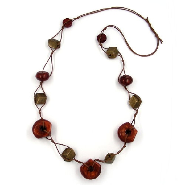 Kette Kunststoffperlen braun altmessingfarben Kordel braun 90cm