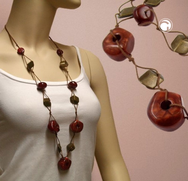 Kette Kunststoffperlen braun altmessingfarben Kordel braun 90cm