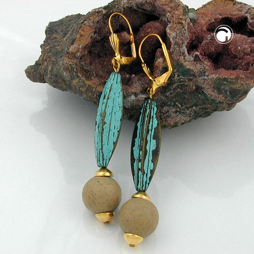 Brisur 66x12mm Rillenolive patina grün mit Perle hellbraun Kunststoff