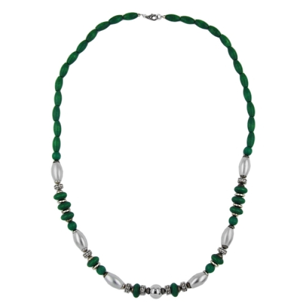Kette 14x7mm Holzperlen grün mit Kunststoffperlen chrom matt 70cm