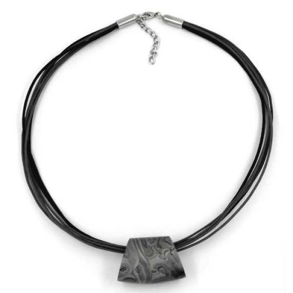 Kette Kunststoffperle Trapez silbergrau-marmoriert glänzend Kordel grau-schwarz 45cm