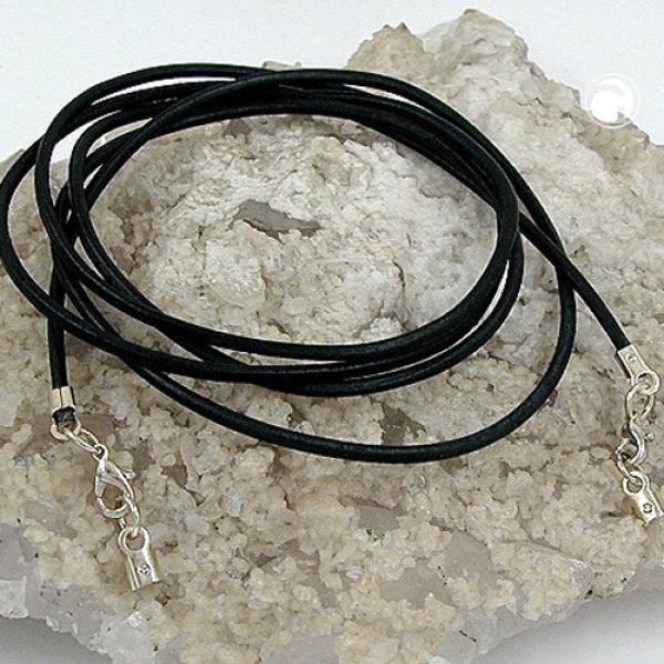 Lederband Rundschnur Rindleder 2mm schwarz gefärbt mit 2x Verschluss silberfarbig 1m
