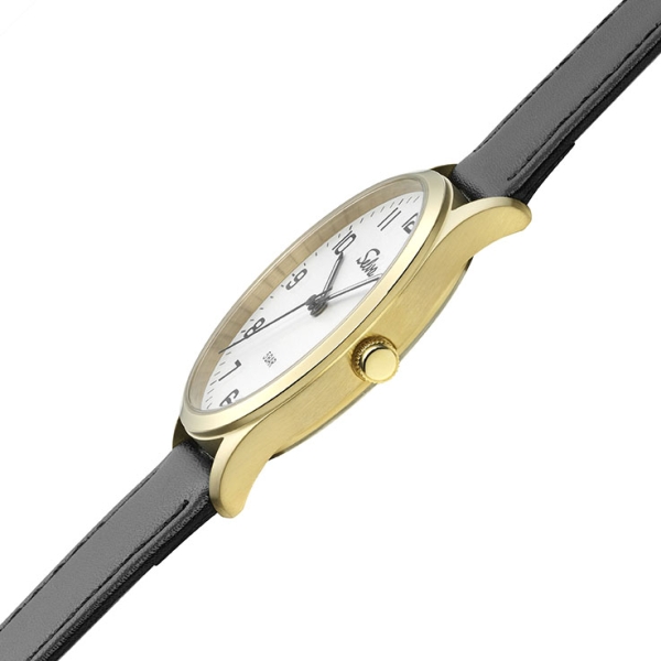 SELVA Herren Quarz Armbanduhr mit Lederband Zifferblatt weiß, Gehäuse vergoldet Ø 39mm