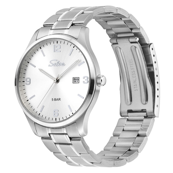 SELVA Herren Quarz Armbanduhr mit Edelstahlband, Zifferblatt silber Ø 39mm