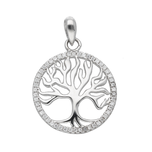 Anhänger 18,8mm Baum des Lebens Rand mit Zirkonias poliert Silber 925