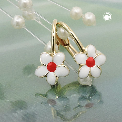 Ohrbrisur Ohrringe 13x7mm Blume weiß-rot emailliert 9Kt GOLD