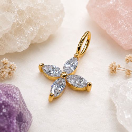 Anhänger, kleine Blüte 7mm, 4x Zirkonia, 9Kt GOLD
