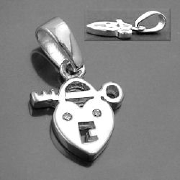 Anhänger 13x11mm Herz Schloss mit Schlüssel mit Zirkonia glänzend Silber 925
