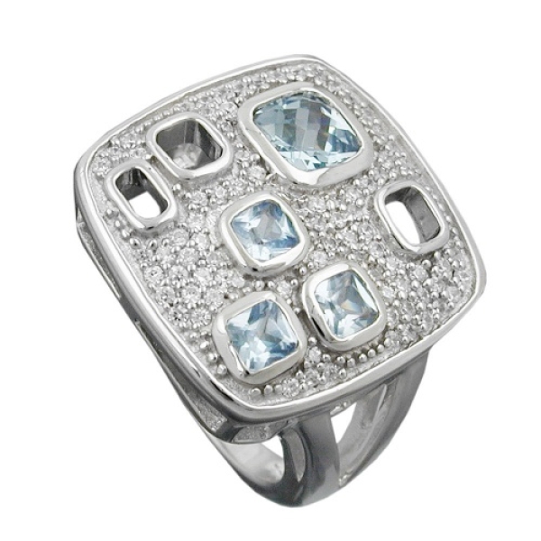 Ring 18mm Viereck Zirkonias aqua weiß glänzend rhodiniert Silber 925 Ringgröße 56