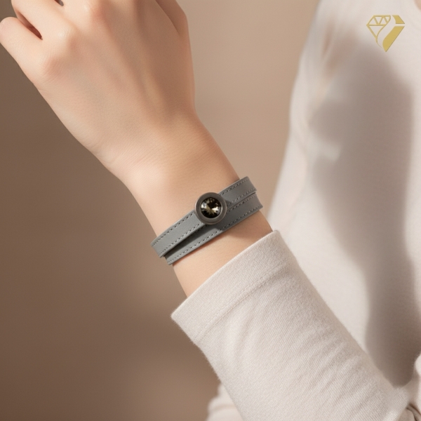 Armband Leder grau Edelstahl mit Kristall Stein nach Wahl