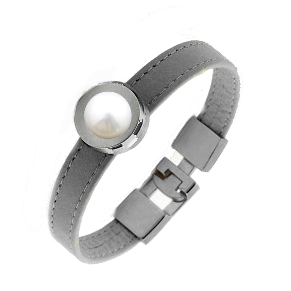 Armband Leder grau Edelstahl mit Kristall Stein oder Süßwasserperle nach Wahl
