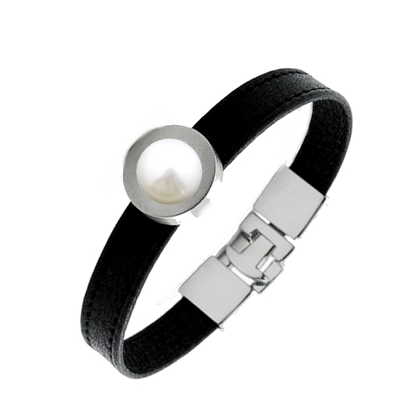 Armband Leder schwarz Edelstahl mit Kristall Stein oder Süsswaerperle nach Wahl