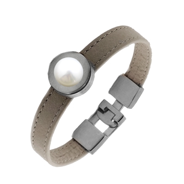 Armband Leder beige Edelstahl mit Kristall Stein oder Süsswasserperle nach Wahl