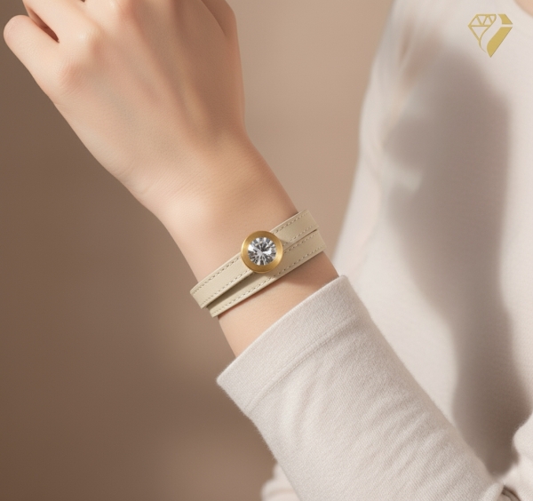 Armband Leder beige Edelstahl mit Kristall Stein nach Wahl