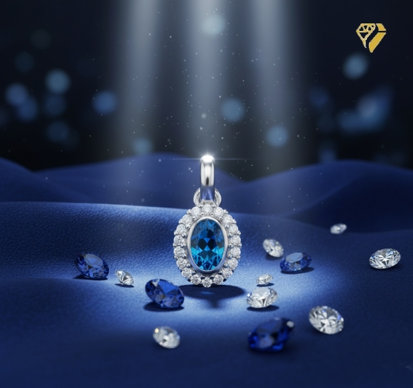 Anhänger 8x10mm oval Zirkonia blau weiss Silber 925