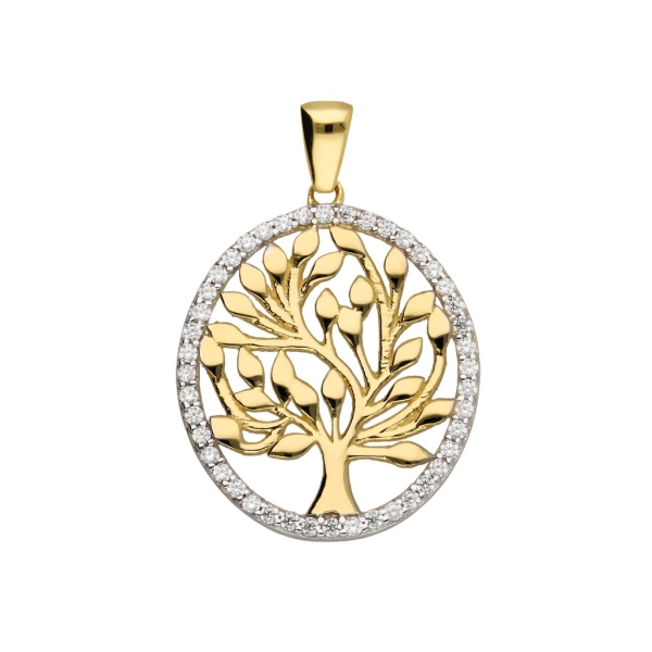 Anhänger 18mm Lebensbaum Rand oval mit Zirkonias 8Kt 333 GOLD