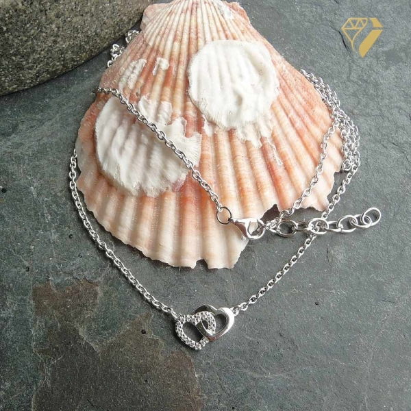 Kette und Anhänger 2 Herzen Zirkonia Silber 925 42cm+3cm