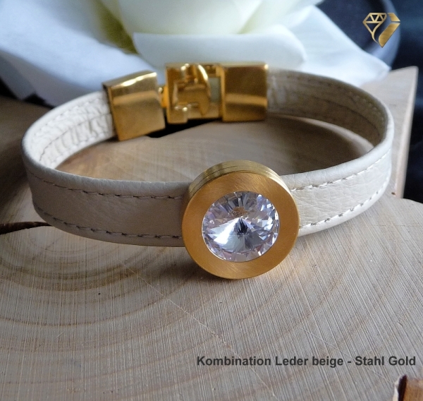 Armband Leder beige Edelstahl mit Kristall Stein oder Süsswasserperle nach Wahl