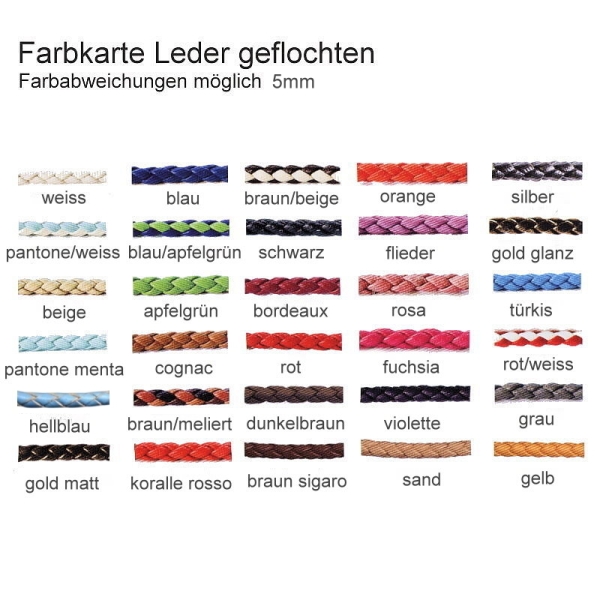 Exklusives Ledercollier 5mm geflochten in 30 Farben mit 925 Silber Karabiner