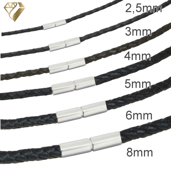 Lederband 2,5-8mm geflochten schwarz mit 925 Silber Bajonett