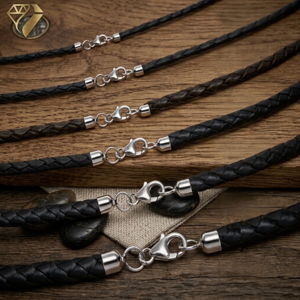 Lederband geflochten schwarz 2,5-8mm mit 925 Silber Karabiner