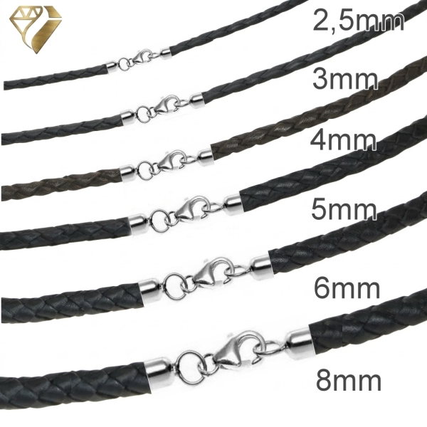 Lederband geflochten schwarz 2,5-8mm mit 925 Silber Karabiner