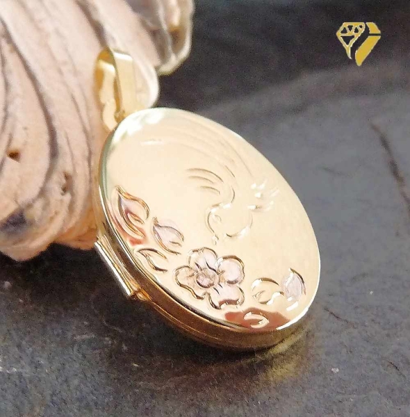 Medaillon oval Blumen Vogel 12x15mm 8Kt GOLD