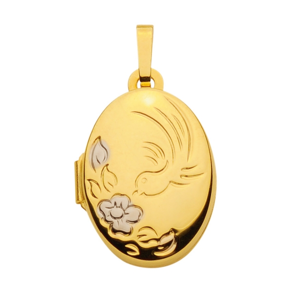 Medaillon oval Blumen Vogel 12x15mm 8Kt GOLD