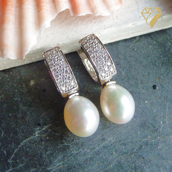 Creole Klappscharnier Ø11,5mm Zirkonia Süßwasserperle Silber 925