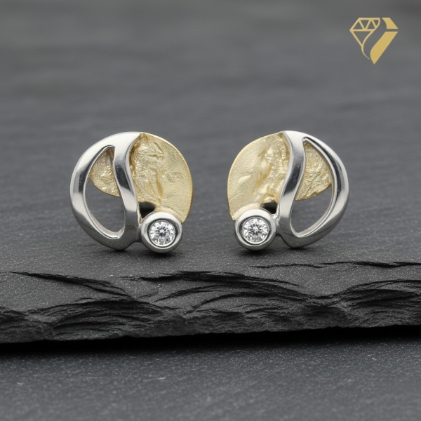 Ohrstecker bicolor teilgehämmert Zirkonia 14Kt 585 GOLD