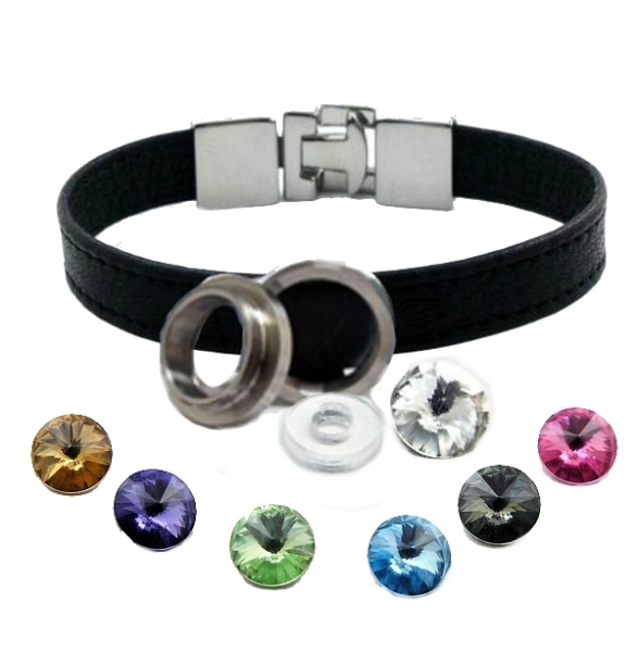 Armband Leder schwarz Edelstahl mit Kristall Stein nach Wahl