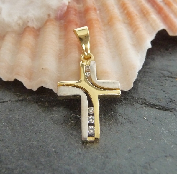 Anhänger Kreuz bicolor Zirkonia 11x16mm 14Kt 585 GOLD