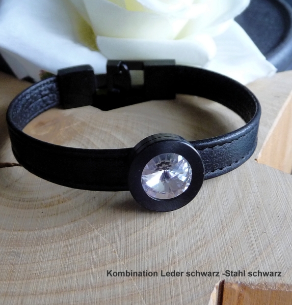 Armband Leder schwarz Edelstahl mit Kristall Stein nach Wahl